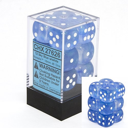 Chessex Dice d6 Sets: Borealis Sky Blue with White - 16mm Six Sided Die (12) 