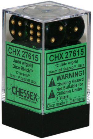 Chessex 16mm D6 x 12 - Scarab Jade/gold