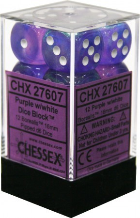 Chessex D6 16mm 12 Dice Set Borealis Purple With / White CHX