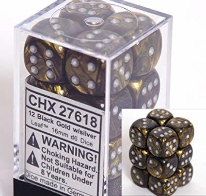 Chessex Dice d6 Sets: Leaf Black & Gold with Silver - 16mm Six Sided Die (12) Block of Dice