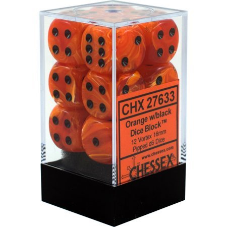 Chessex 16mm D6 x 12 - Vortex Dice Orange/black