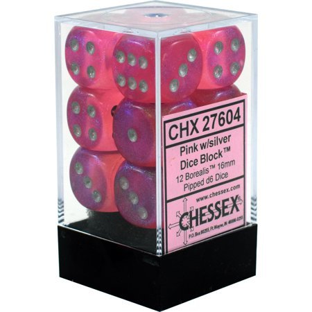 Chessex 16mm D6 x 12 - Borealis Pink/silver