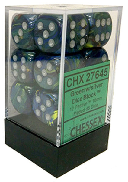 Chessex D6 16mm Festive 12 Dice Set Green With / Silver