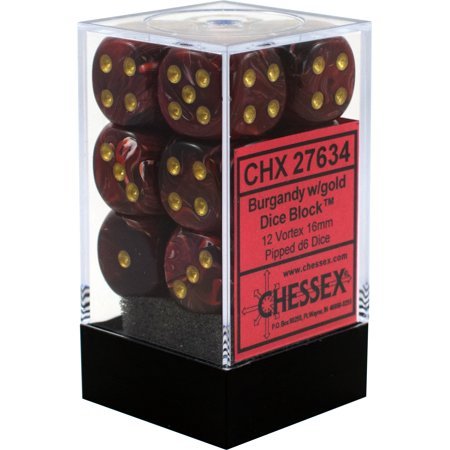 Chessex D6 16mm Vortex 12 Dice Set Burgundy With / Gold